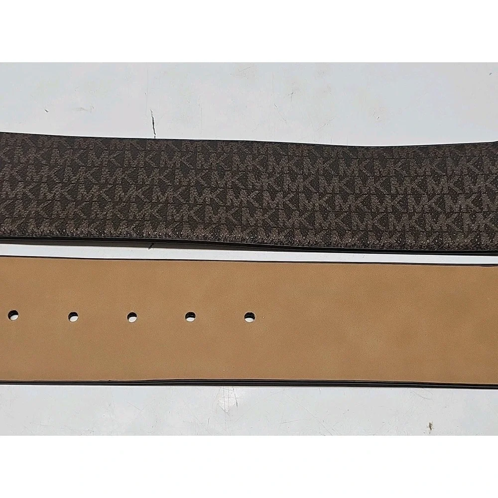 Michael Kors Belt Size L/XL Elastic Stretch Signature Brown Logo Gold Buckle NWT